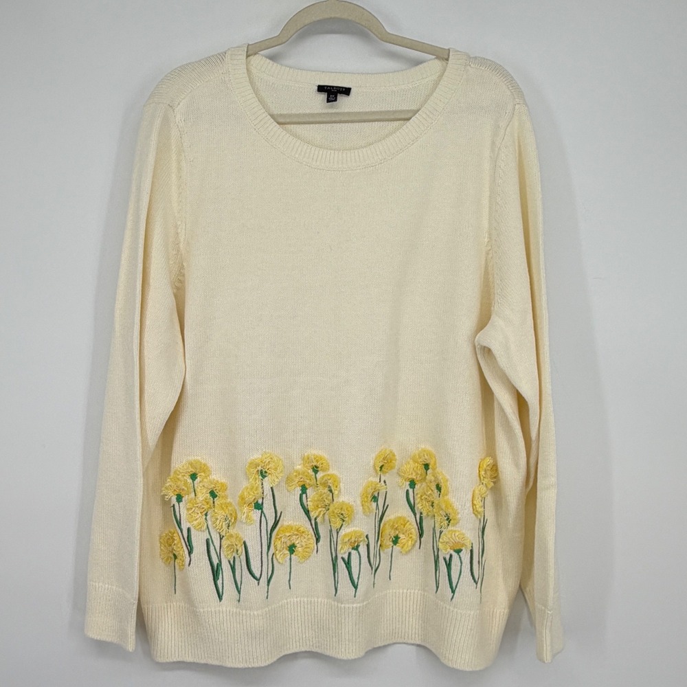 Talbots 2X Floral Embroidered‎ Sweater Yellow Flowers Plus Size Cottage